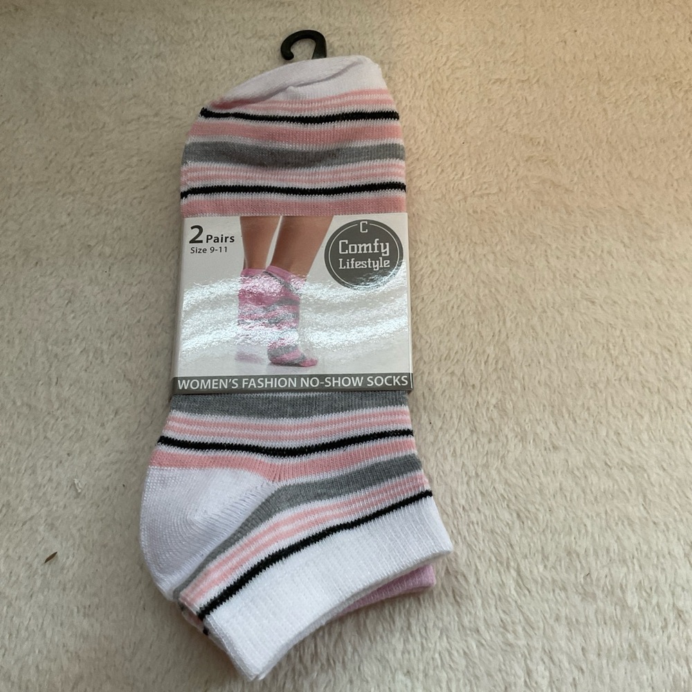Women’s No-Show Socks - Pink, Gray & White Stripes (2 Pairs)